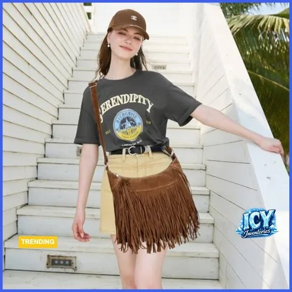 Vegan Suede Hobo Bag with Fringe Tassel Crossbody Shoulder Purse - Picture 2 of 7